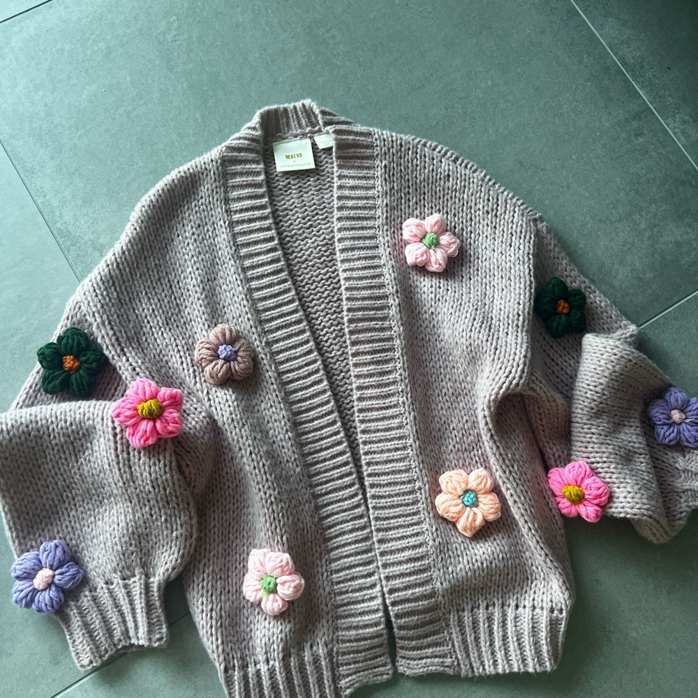 MAEVE by Anthropologie- Pink Knitted Cardigan with Floral Accents